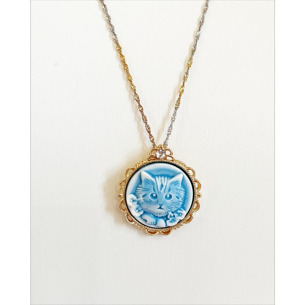 VINTAGE Victorian Cat Cameo Pendant Charm Gold Silver Plated Chain Necklace